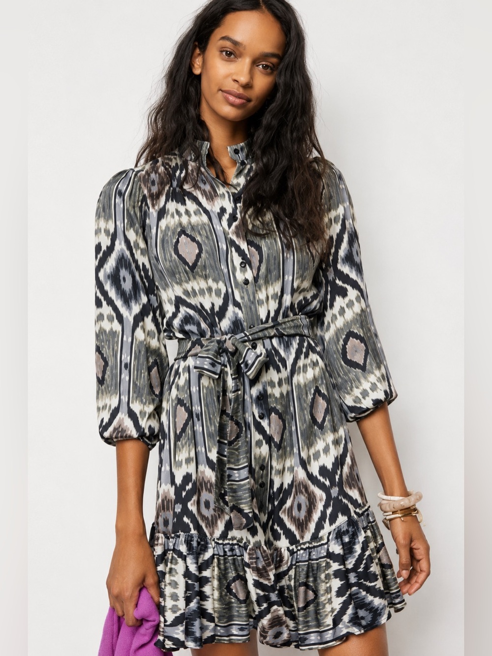 Anthropologie TINY Carita Tunic Dress LP Abstract Print Belted Ruffle Hem Boho